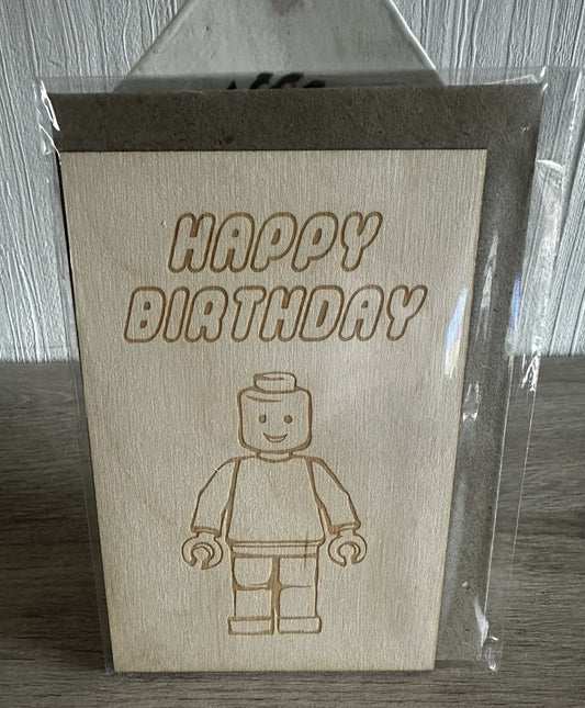 Houten wenskaart Happy Birthday Lego