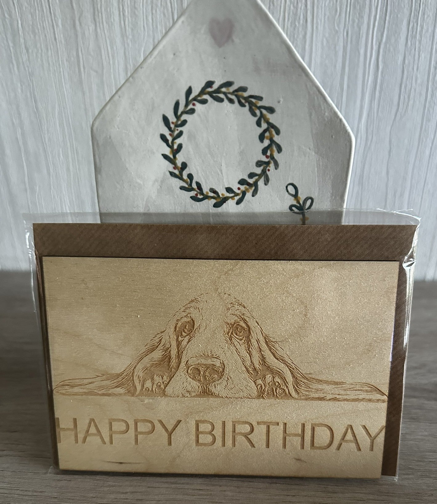 Houten wenskaart Happy Birhtday (Thema hond)