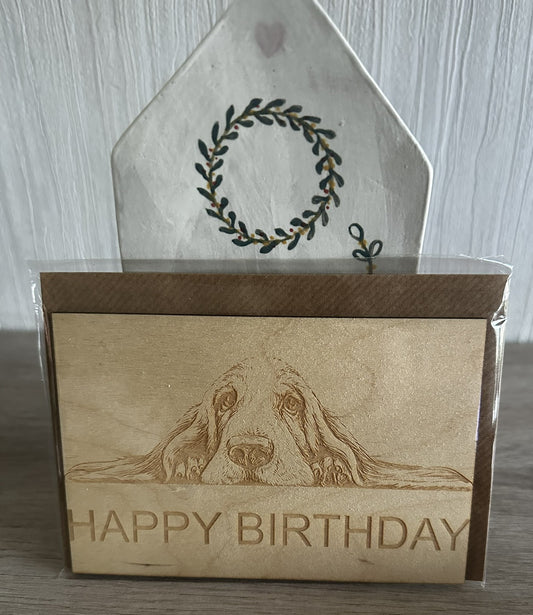 Houten wenskaart Happy Birhtday (Thema hond)